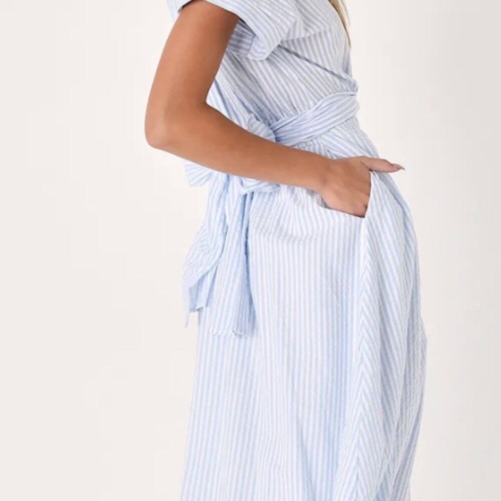 Lulus Adorable Impression White And Blue Midi Dress With Pockets - Size L - Picture 2 of 2